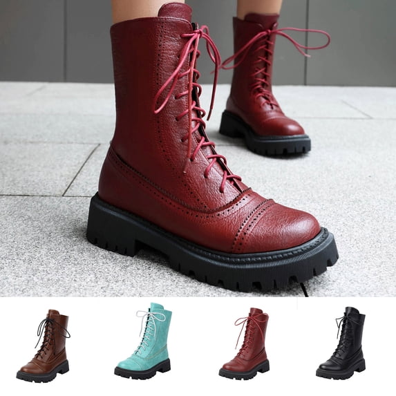 LOVZFMLL Boots for Women Mid Calf Combat Boots Lace Up Round Toe Adjustable Straps Low Chunky Heel Leather Fall Winter Casual