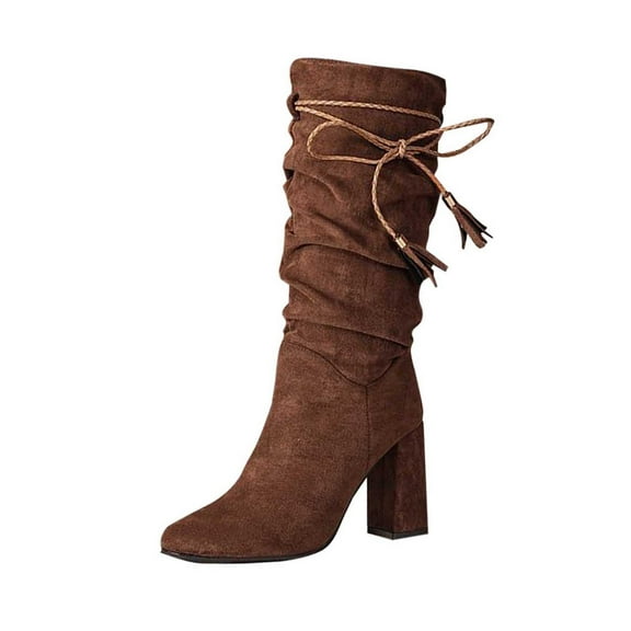LOVZFMLL Boots for Women Mid Calf Stovepipe Boots Lace Up Pointy Toe Adjustable Straps Mid Block Heel Bow Fall Winter Fashion