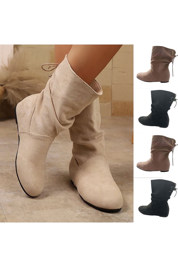 Boots for Women Mid Calf Stovepipe Boots Lace Up Round Toe Adjustable Straps Flat Heel Low Military Fall Winter Shoes