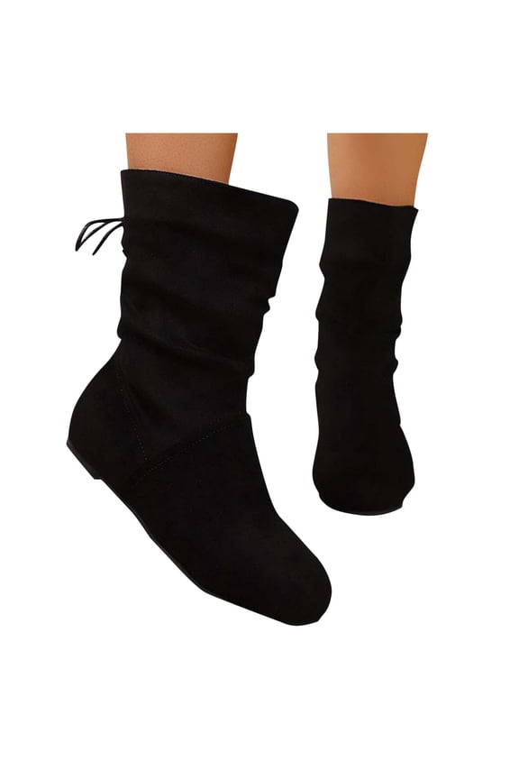 Boots for Women Mid Calf Stovepipe Boots Lace Up Round Toe Adjustable Straps Flat Heel Low Military Fall Winter Shoes