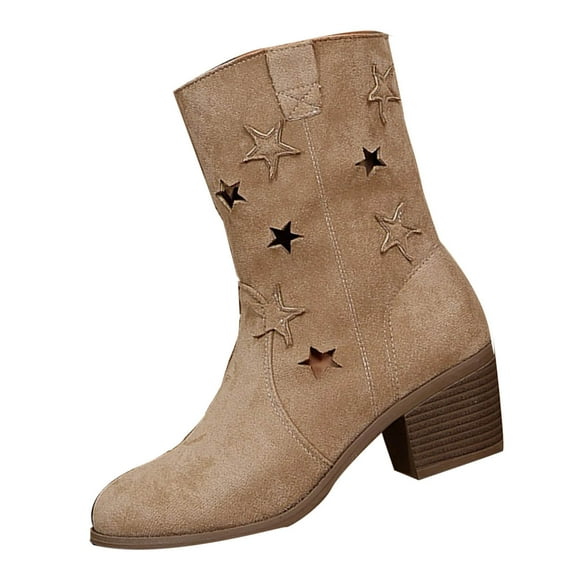 LOVZFMLL Boots for Women Mid Calf Stovepipe Boots Pointy Toe Slip Resistant Low Block Heel Star Cut Out Fall Winter Shoes