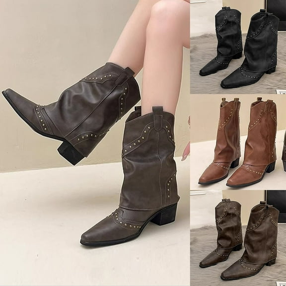 LOVZFMLL Boots for Women Mid Calf Stovepipe Boots Pointy Toe Slip Resistant Low Block Heel Western Cowboy Fall Boots Shoes