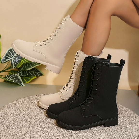 LOVZFMLL Boots for Women Mid Calf Stovepipe Boots Side Zipper Round Toe Slip Resistant Low Chunky Heel Casual Fall Winter Boots