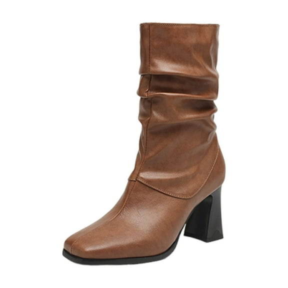 LOVZFMLL Boots for Women Mid Calf Stovepipe Boots Square Toe Slip Resistant Mid Block Heel Crinkle Fall Winter Fashion
