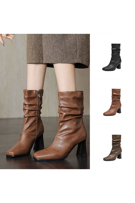 Boots for Women Mid Calf Stovepipe Boots Square Toe Slip Resistant Mid Block Heel Crinkle Fall Winter Fashion