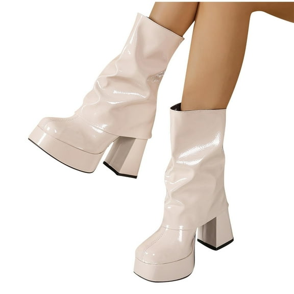 LOVZFMLL Boots for Women Mid Calf Stovepipe Boots Square Toe Slip Resistant Mid Chunky Heel Patent Leather Fall Winter