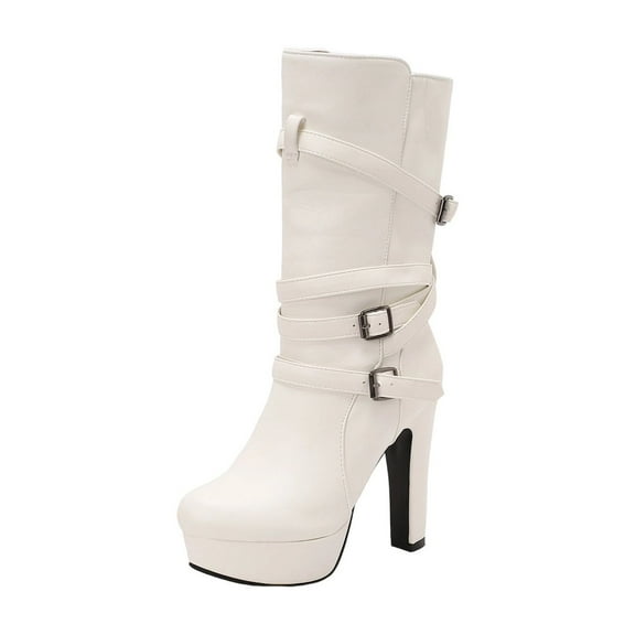 LOVZFMLL Boots for Women Mid Calf Winter Boots Buckle Round Toe Slip Resistant High Chunky Heel Fashion Fall Winter Shoes
