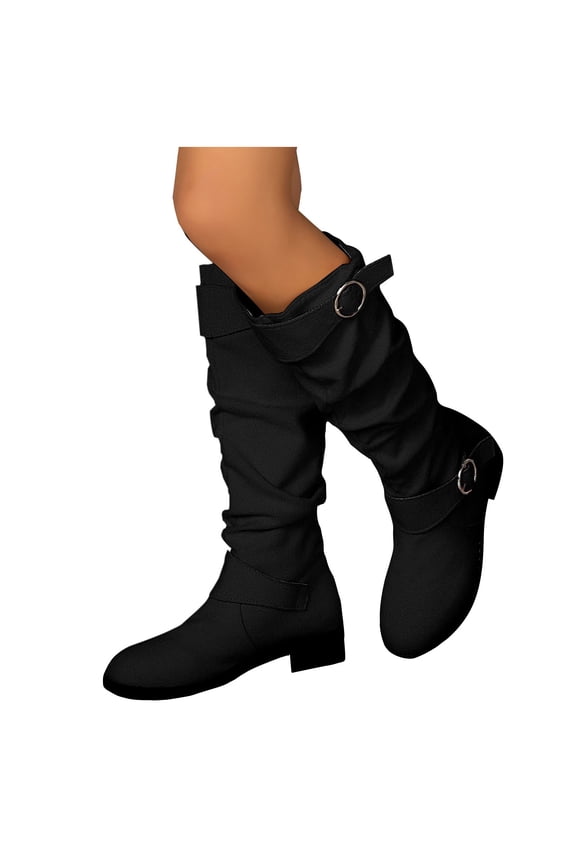 Boots for Women Mid Calf Winter Boots Buckle Round Toe Slip Resistant Low Block Heel Leather Fall Winter Fashion