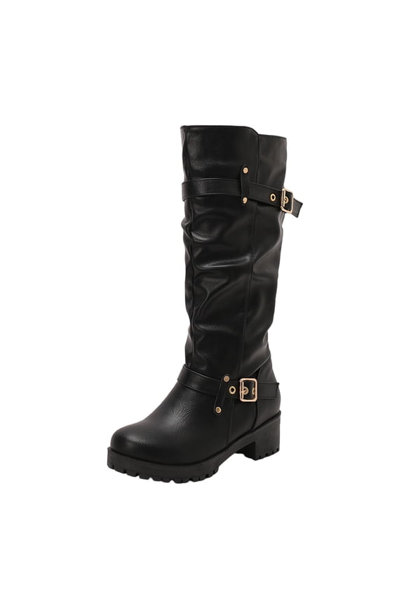 Boots for Women Mid Calf Winter Boots Buckle Round Toe Slip Resistant Low Chunky Heel Casual Fall Winter Fashion