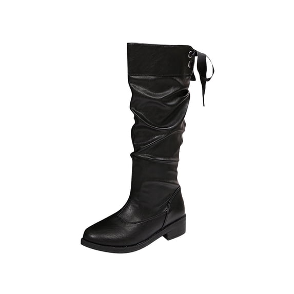 LOVZFMLL Boots for Women Mid Calf Winter Boots Lace Up Round Toe Adjustable Straps Low Block Heel Leather Fall Winter Fashion