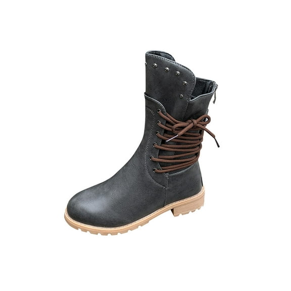 LOVZFMLL Boots for Women Mid Calf Winter Boots Lace Up Round Toe Adjustable Straps Low Chunky Heel Casual Fashion Fall Footwear
