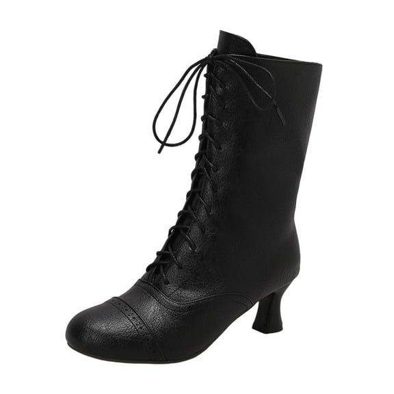LOVZFMLL Boots for Women Mid Calf Winter Boots Lace Up Round Toe Adjustable Straps Mid Flare Heel Fashion Fall Winter Boots