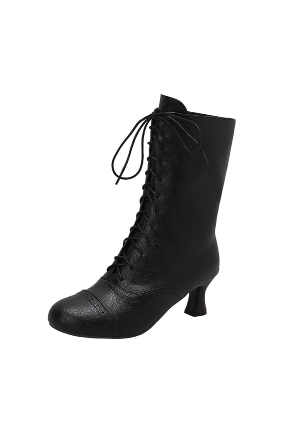 Boots for Women Mid Calf Winter Boots Lace Up Round Toe Adjustable Straps Mid Flare Heel Fashion Fall Winter Boots