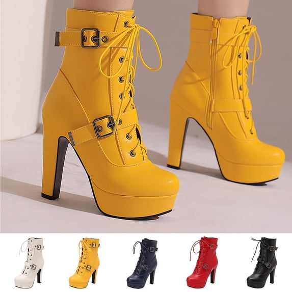 LOVZFMLL Boots for Women Mid Calf Winter Boots Lace Up Round Toe Waterproof High Platform Heel Tactical Fall Winter Fashion