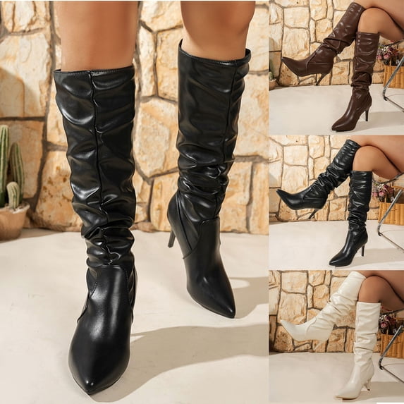 LOVZFMLL Boots for Women Mid Calf Winter Boots Pointy Toe Slip Resistant Mid Thin Heel Dress Fall Winter Boots Shoes