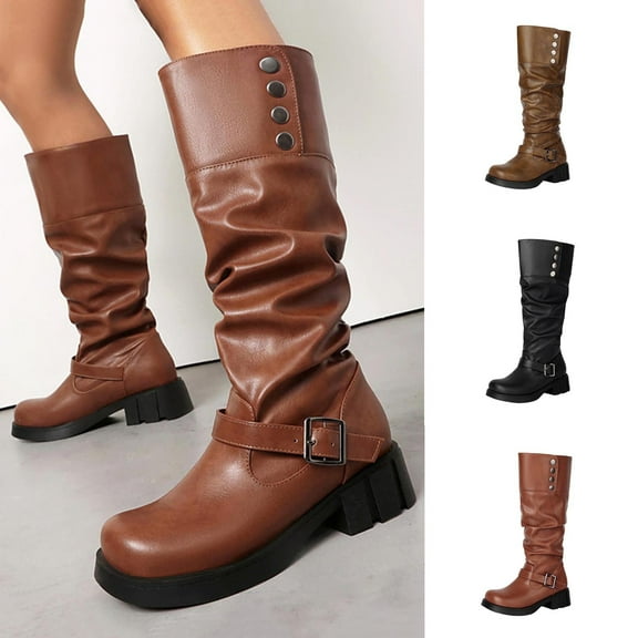 LOVZFMLL Boots for Women Mid Calf Winter Boots Round Toe Slip Resistant Low Chunky Heel Stacked Fall Winter Boots Shoes