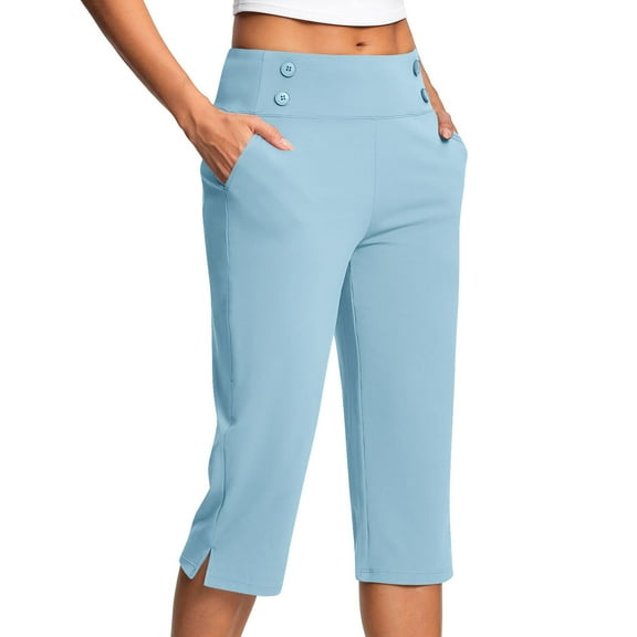 LOVZFMLL Capri Pants for Women Stretchy High Waist Cropped Yoga Pants Casual Athletic Workout Sweatpants with Pockets Light Blue S
