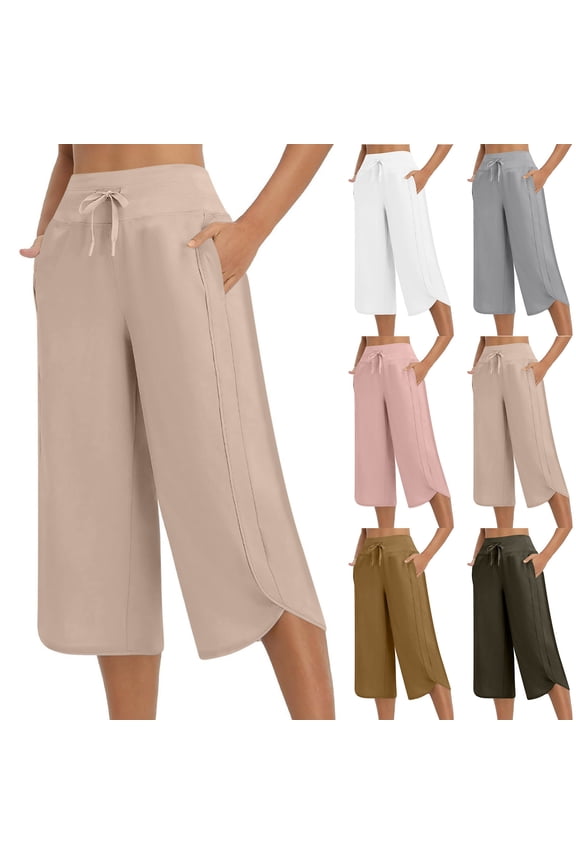 Capri Pants for Women Wide Leg Cropped Sweatpants Casual Summer Loose Comfy Drawstring Jogger Yoga Pants with Pockets Gray XL