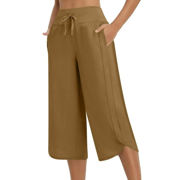 LOVZFMLL Capri Pants for Women Wide Leg Cropped Sweatpants Casual Summer Loose Comfy Drawstring Jogger Yoga Pants with Pockets Khaki XXL