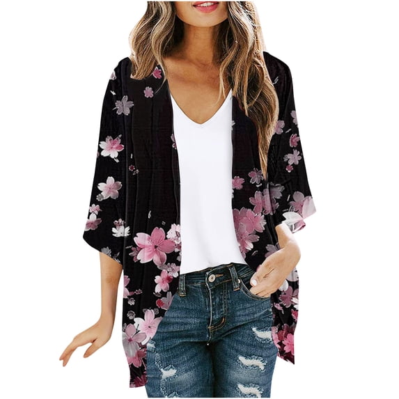 LOVZFMLL Cardigan for Women Kimono Floral Chiffon Cover Up Open Front Loose Tops for Summer Beach Short Sleeve Boho Outfit