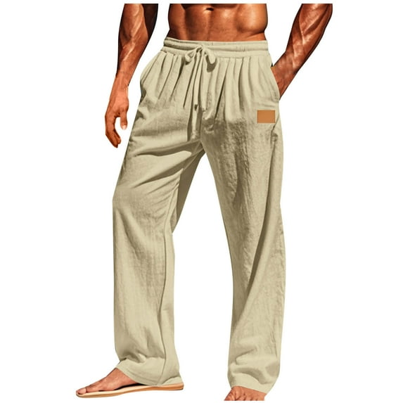 LOVZFMLL Casual Full Pants for Men, Men's Loose Fit Straight Leg Solid Joggers Running Pants Trousers Lounge Pants with Pockets Khaki M