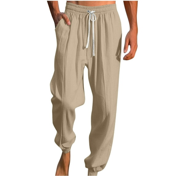 LOVZFMLL Casual Pants for Men, Summer Elastic Bottom Beach Pants Sports Trousers for Men Running Workout Gym with Pockets Beige L