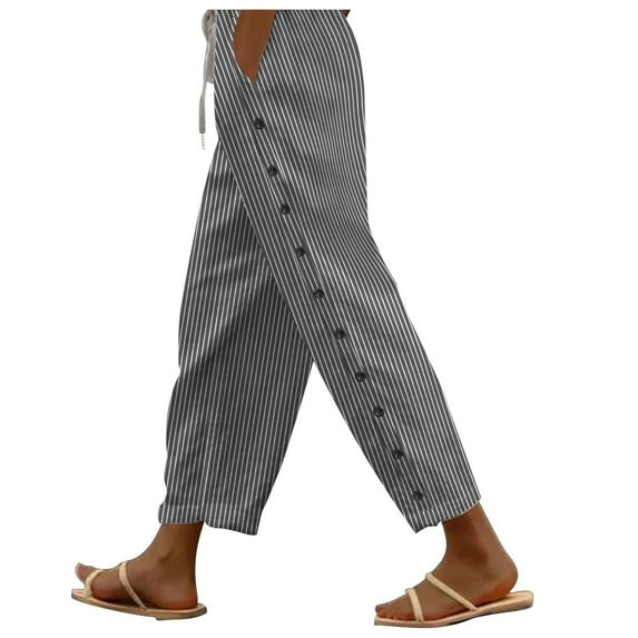 LOVZFMLL Casual Pants for Women Stripe Button Relaxed Fit Tapered Trousers Vocation Clothes Drawstring Elastic Waisted Pants Loungewear