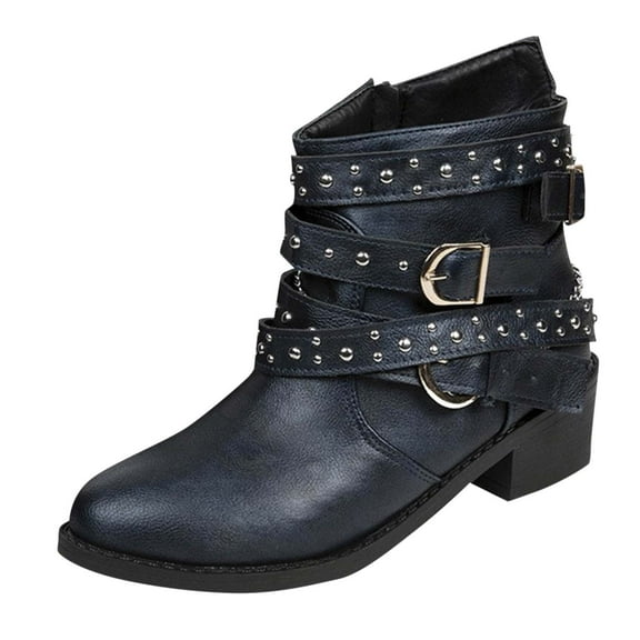 LOVZFMLL Cowboy Boots for Women Ankle Booties Buckle Chain Strap Round Toe Slip Resistant Low Block Heel Western Style Fall Fashion