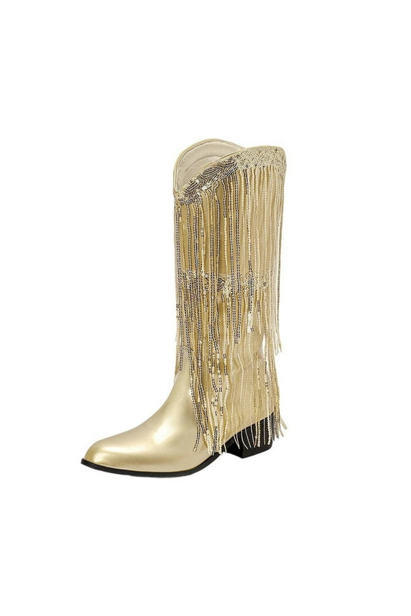 Cowboy Boots for Women Mid Calf Stovepipe Boots Pointy Toe Slip Resistant Low Block Heel Fringe Fall Winter Shoes