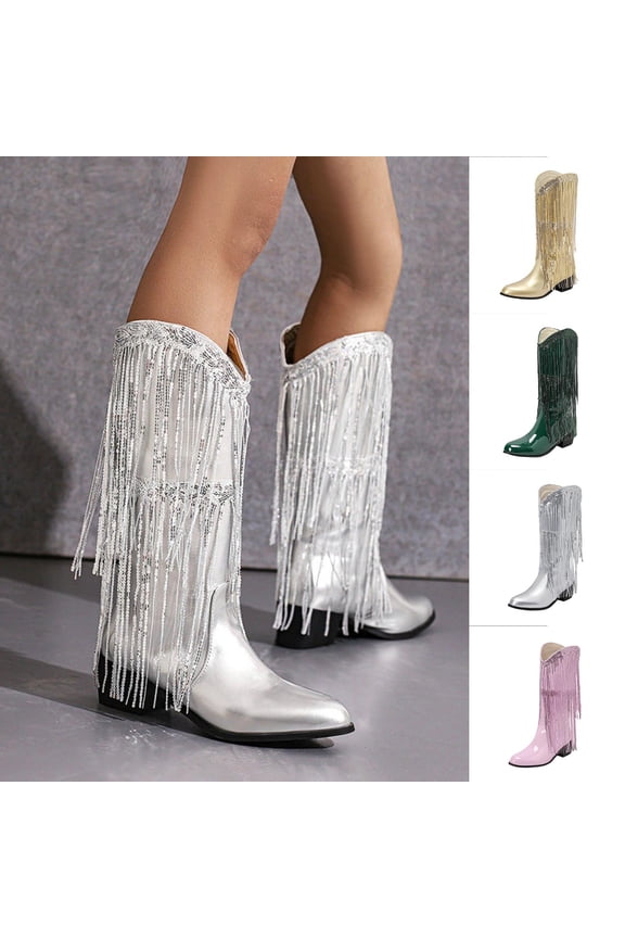 Cowboy Boots for Women Mid Calf Stovepipe Boots Pointy Toe Slip Resistant Low Block Heel Fringe Fall Winter Shoes