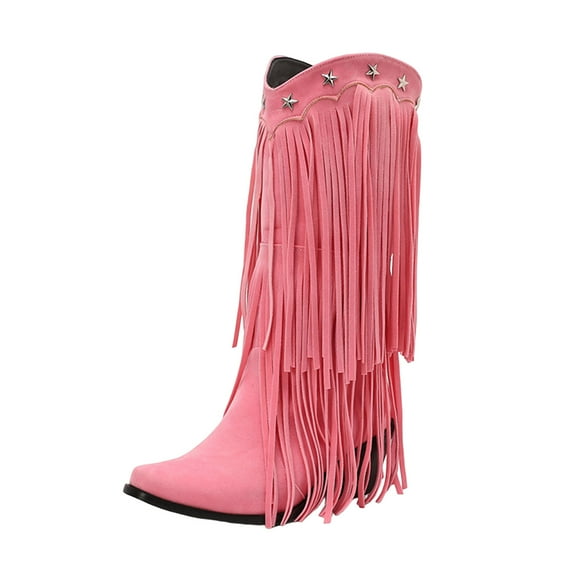 LOVZFMLL Cowboy Boots for Women Mid Calf Stovepipe Boots Pointy Toe Slip Resistant Mid Block Heel Western Fringe Fall Boots