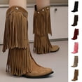 thumbnail image 1 of LOVZFMLL Cowboy Boots for Women Mid Calf Stovepipe Boots Pointy Toe Slip Resistant Mid Block Heel Western Fringe Fall Boots, 1 of 4