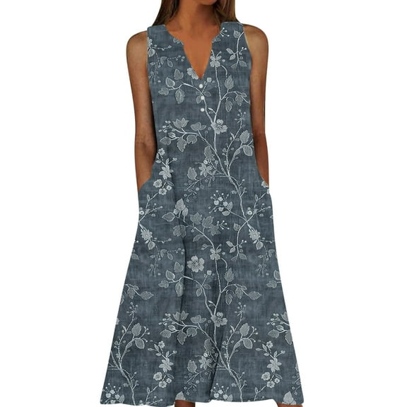 LOVZFMLL Dresses for Women Beach Sundresses Vacation 2025 Boho Floral Printed Casual Button V Neck Sleeveless Summer Dresses Dark Green 3XL