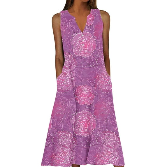 LOVZFMLL Dresses for Women Beach Sundresses Vacation 2025 Boho Floral Printed Casual Button V Neck Sleeveless Summer Dresses Purple B M