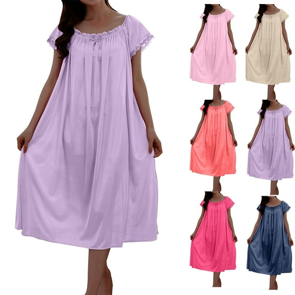 LOVZFMLL Dresses for Women Lace Ruched Short Sleeve Maxi Long Dress Nightgowns Super Soft Cozy Pajama Nightdress Casual Loungewear