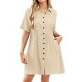 thumbnail image 1 of LOVZFMLL Dresses for Women Short Sleeve V Neck Button Down Summer Midi T-shirt Dresses with Pockets Casual Beach Vacation Clothes Beige M, 1 of 9