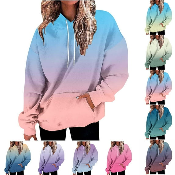 LOVZFMLL Essentials Hoodie Gradient Color Long Sleeve Loose Fit Pullover Fall Clothes 2025 Women Fashion Casual Comfort Streetwear Hooded Sweatshirt