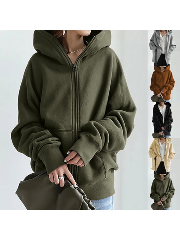 Essentials Hoodie for Women Full Zip Up Casual Sweatshirt Loose Fit Long Sleeve Jacket with Pockets Comfy Solid Color Pullover for Everyday Wear