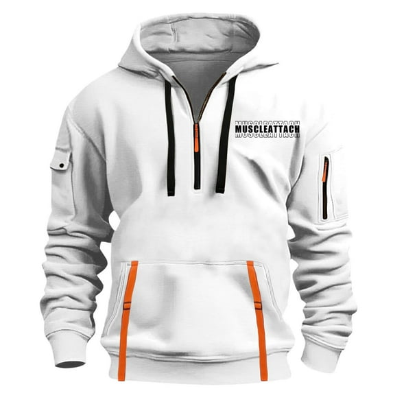 LOVZFMLL Essentials Hoodie for Men, Cargo Athletic Sweatshirt Outdoor Half-Zip Hooded Pullover Tops Fall Clothes with Zipper Pocket