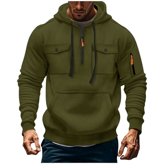 LOVZFMLL Essentials Hoodie for Men, Cargo Workout Athletic Hooded Sweatshirt with Multi-Pocket Half Zip Pullover Tops