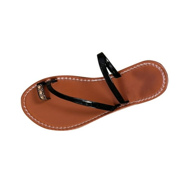 LOVZFMLL Flat Sandals For Women Strappy Slip On Open Toe Slides Top Loop Thin Sole Outdoor Vocation Beach Flip Flops Black 8.5