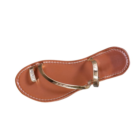 LOVZFMLL Flat Sandals For Women Strappy Slip On Open Toe Slides Top Loop Thin Sole Outdoor Vocation Beach Flip Flops Gold 5.5