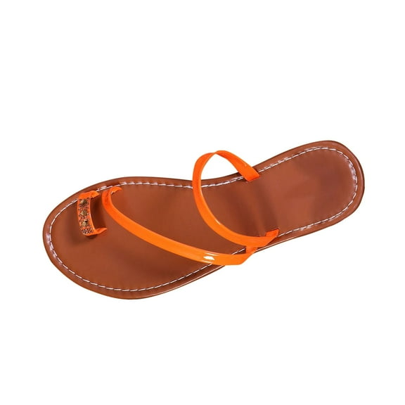 LOVZFMLL Flat Sandals For Women Strappy Slip On Open Toe Slides Top Loop Thin Sole Outdoor Vocation Beach Flip Flops Orange 5.5