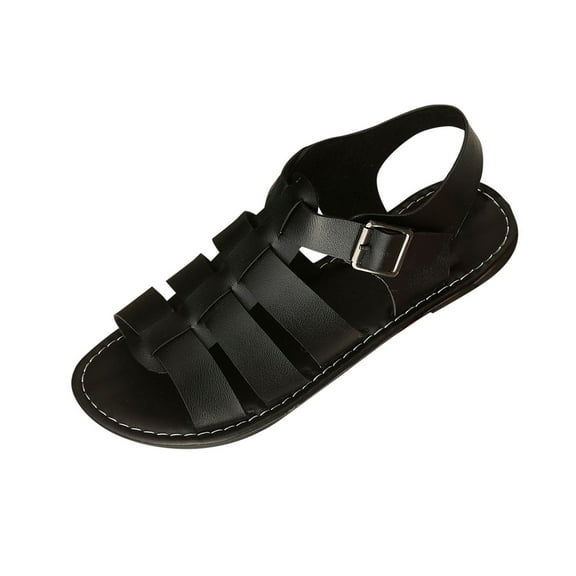LOVZFMLL Flat Sandals for Women Ankle Strap Open Toe Roman Sandals Summer Leather Dressy Sandals for Casual Beach Walking Travel Black 6.5