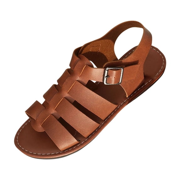LOVZFMLL Flat Sandals for Women Ankle Strap Open Toe Roman Sandals Summer Leather Dressy Sandals for Casual Beach Walking Travel Brown 5.5