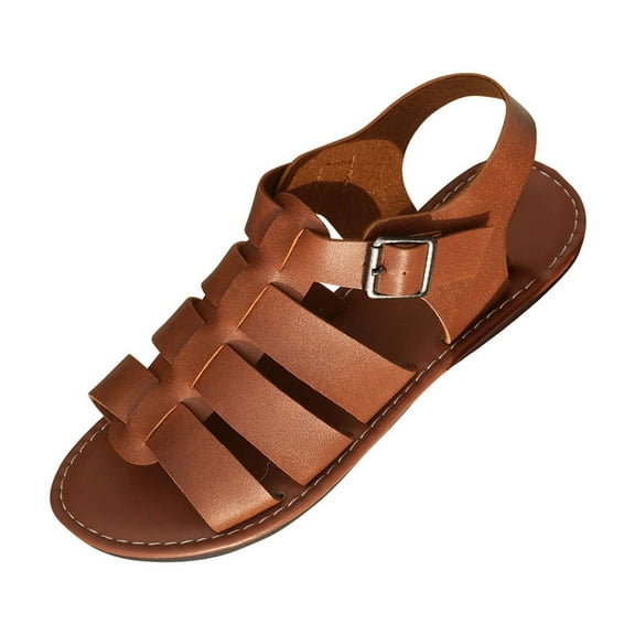LOVZFMLL Flat Sandals for Women Ankle Strap Open Toe Roman Sandals Summer Leather Dressy Sandals for Casual Beach Walking Travel Brown 7.5