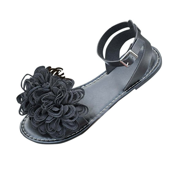 LOVZFMLL Flat Sandals for Women Flower Open Toe Ankle Strap Summer Flat Shoes for Casual Outdoor Beach Vacation Walking Flats Black 8.5