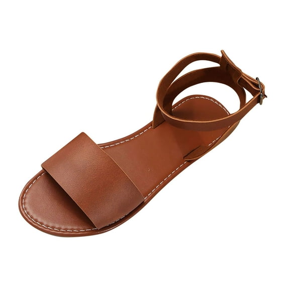 LOVZFMLL Flat Sandals for Women Open Toe Ankle Strap Summer Flat Shoes for Casual Outdoor Beach Vacation Walking Flats Brown 7.5