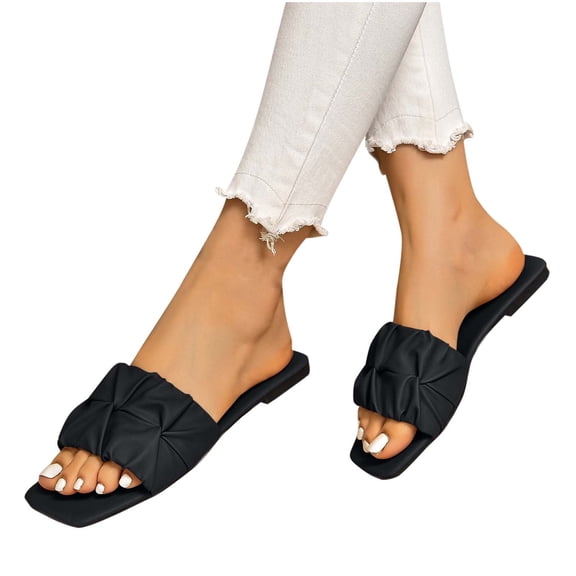 LOVZFMLL Flat Sandals for Women Pleated One Band Slippers for Summer Outdoor Walking Square Toe Open Toe Beach Slides Slip On Black 12