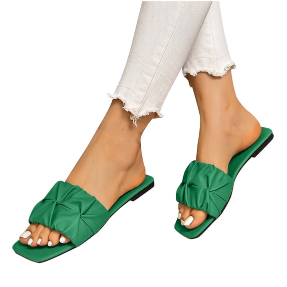 LOVZFMLL Flat Sandals for Women Pleated One Band Slippers for Summer Outdoor Walking Square Toe Open Toe Beach Slides Slip On Green 9